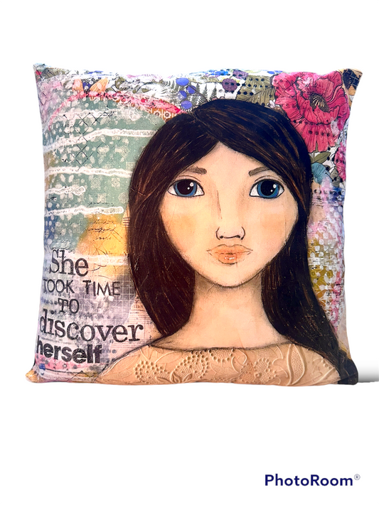 whimsy and me, multi colored, mixed media, girl, brunette, framed, recycled frame, blue eyes, whimsical girl, flowers, vintage wallpaper, discovering, cushion cover, soft, snuggly