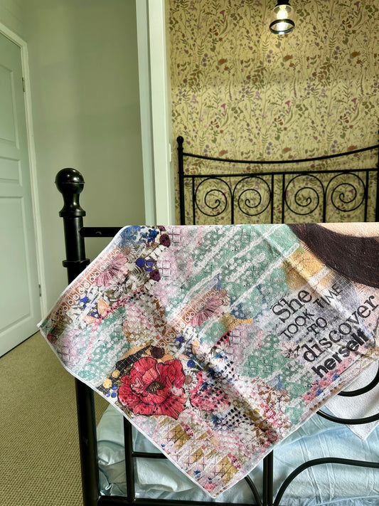 whimsy and me, multi colored, mixed media, girl, brunette, framed, recycled frame, blue eyes, whimsical girl, flowers, vintage wallpaper, discovering, gym towel, soft