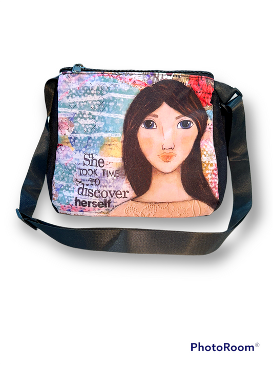 whimsy and me, multi colored, mixed media, girl, brunette, framed, recycled frame, blue eyes, whimsical girl, flowers, vintage wallpaper, discovering, hand bag