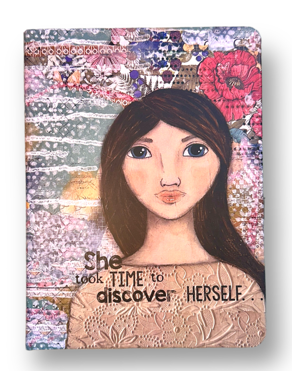 whimsy and me, multi colored, mixed media, girl, brunette, framed, recycled frame, blue eyes, whimsical girl, flowers, vintage wallpaper, discovering, note book, book, journal, art, hard cover
