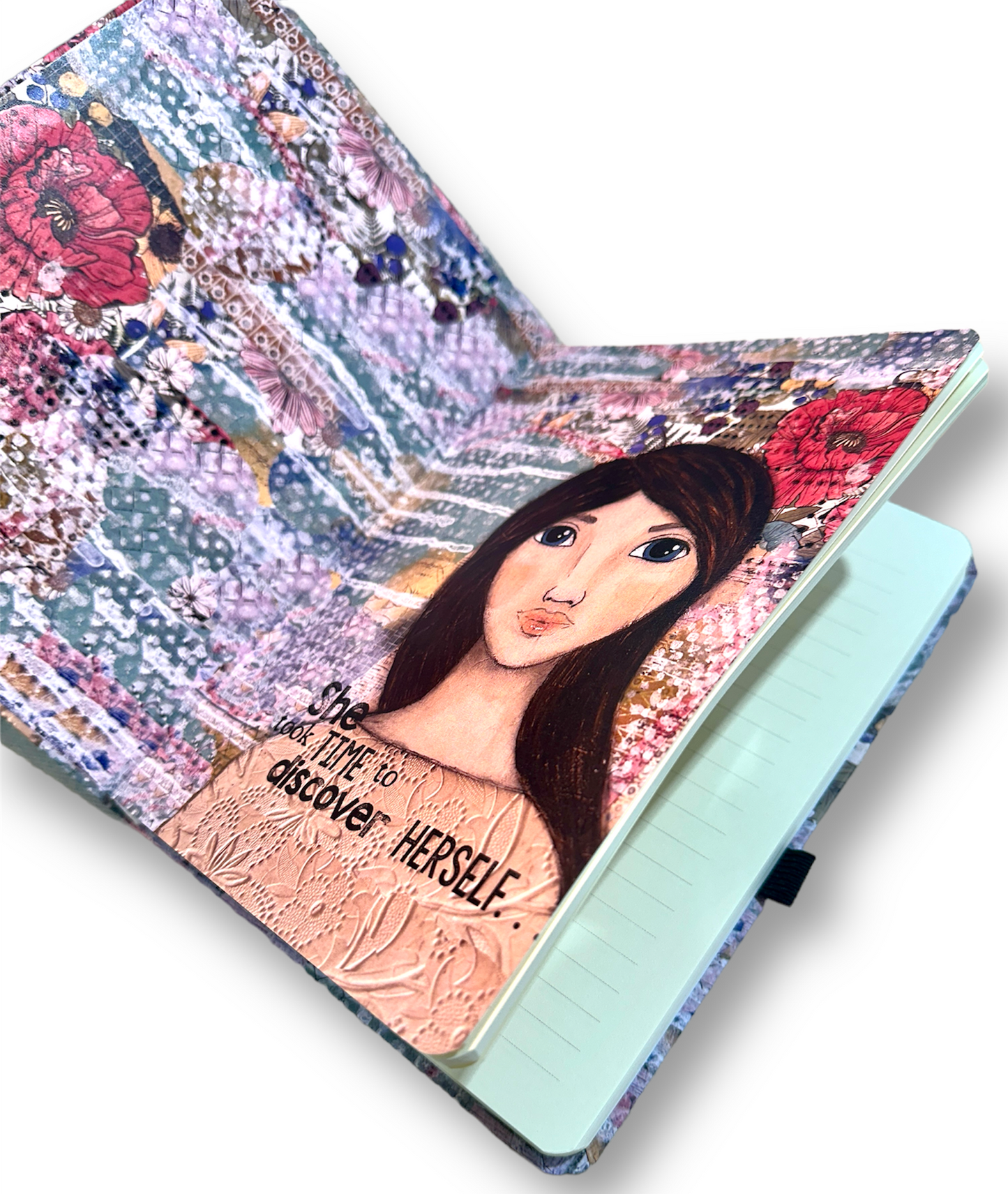 whimsy and me, multi colored, mixed media, girl, brunette, framed, recycled frame, blue eyes, whimsical girl, flowers, vintage wallpaper, discovering, note book, book, journal, art, hard cover
