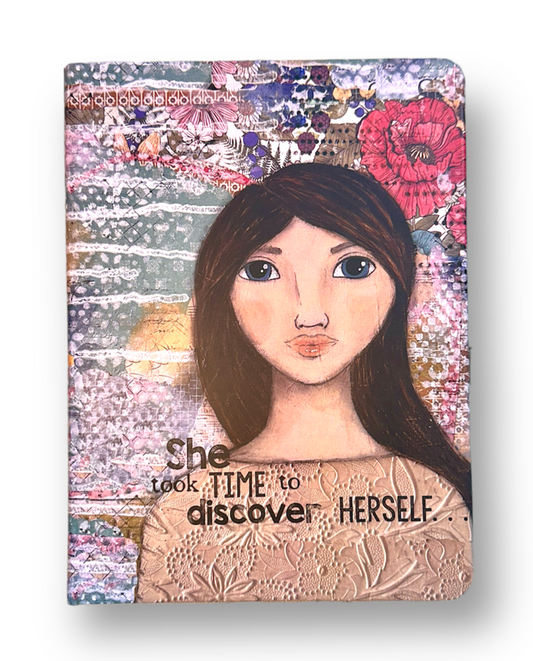 whimsy and me, multi colored, mixed media, girl, brunette, framed, recycled frame, blue eyes, whimsical girl, flowers, vintage wallpaper, discovering, sketch book, book, journal, art, hard cover