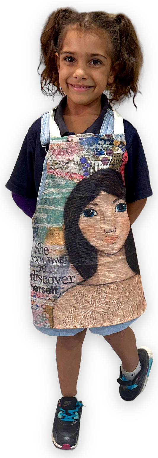whimsy and me, multi colored, mixed media, girl, brunette, framed, recycled frame, blue eyes, whimsical girl, flowers, vintage wallpaper, discovering, kids apron