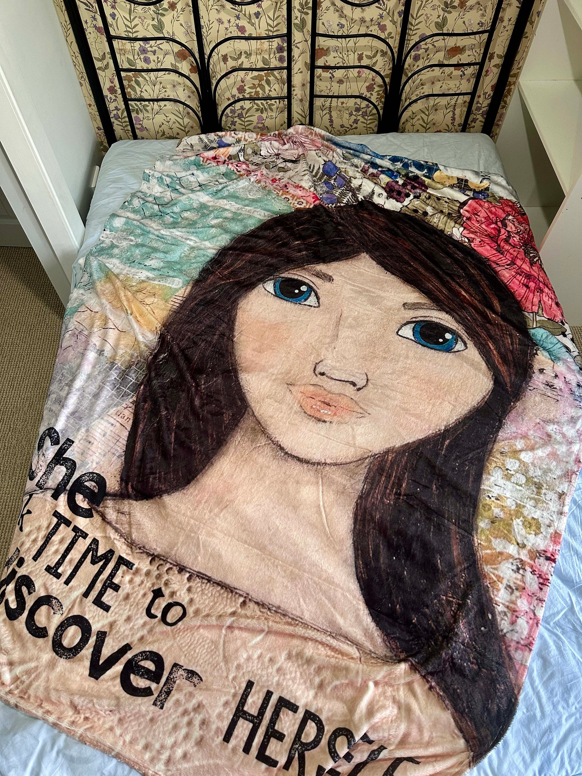 whimsy and me, multi colored, mixed media, girl, brunette, framed, recycled frame, blue eyes, whimsical girl, flowers, vintage wallpaper, discovering, minki blanket, soft, snuggly, warm, queen bed