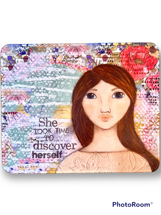 whimsy and me, multi colored, mixed media, girl, brunette, framed, recycled frame, blue eyes, whimsical girl, flowers, vintage wallpaper, discovering, mouse pad, soft, comfortable