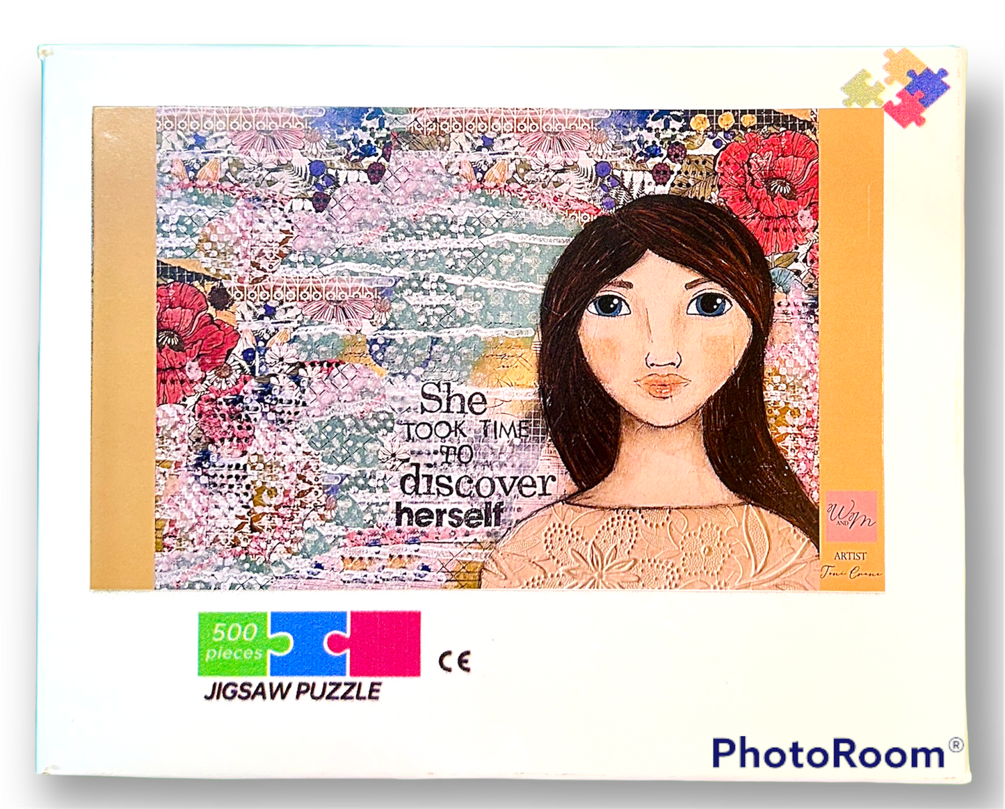 whimsy and me, multi colored, mixed media, girl, brunette, framed, recycled frame, blue eyes, whimsical girl, flowers, vintage wallpaper, discovering, puzzle, creative, fun