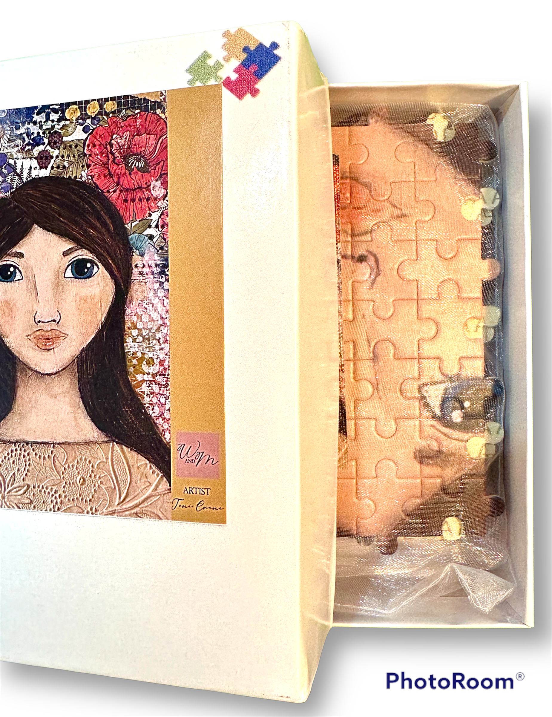 whimsy and me, multi colored, mixed media, girl, brunette, framed, recycled frame, blue eyes, whimsical girl, flowers, vintage wallpaper, discovering, puzzle, creative, fun