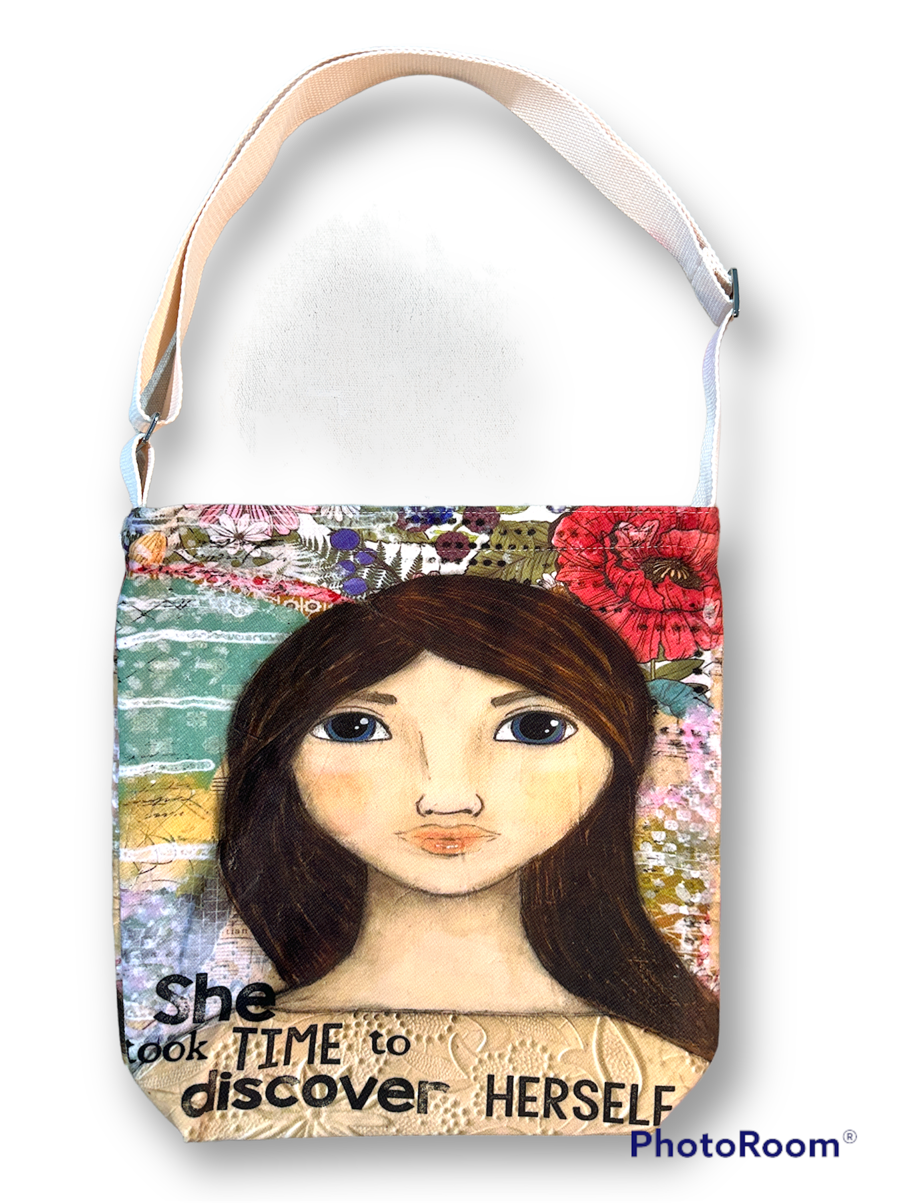 whimsy and me, multi colored, mixed media, girl, brunette, framed, recycled frame, blue eyes, whimsical girl, flowers, vintage wallpaper, discovering, satchel bag, zipper closure, phone pocket