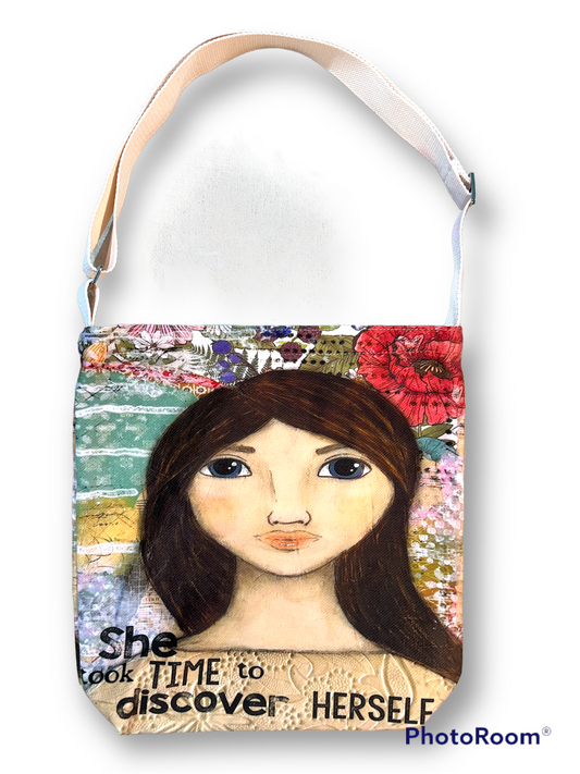 whimsy and me, multi colored, mixed media, girl, brunette, framed, recycled frame, blue eyes, whimsical girl, flowers, vintage wallpaper, discovering, satchel bag, zipper closure, phone pocket