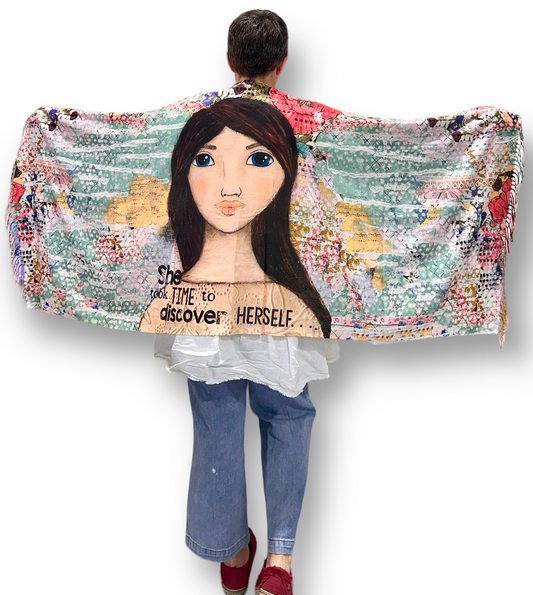 whimsy and me, multi colored, mixed media, girl, brunette, framed, recycled frame, blue eyes, whimsical girl, flowers, vintage wallpaper, discovering, shawl, soft, snuggly, warm