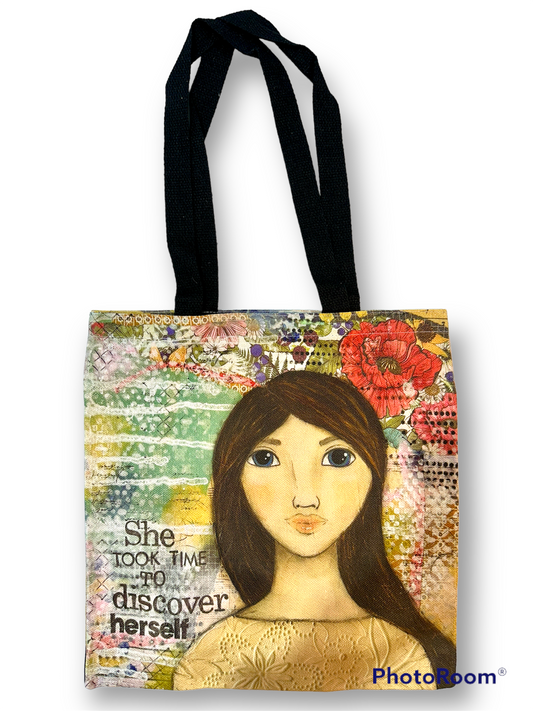 whimsy and me, multi colored, mixed media, girl, brunette, framed, recycled frame, blue eyes, whimsical girl, flowers, vintage wallpaper, discovering, tote bag