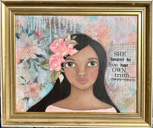 whimsy and me, multi colored, soft pink, vintage tones, island girl, mixed media, girl, brunette, framed, recycled frame, hazel eyes, whimsical girl, flowers, vintage wallpaper, learning her truth, original artwork, recycled gold frame