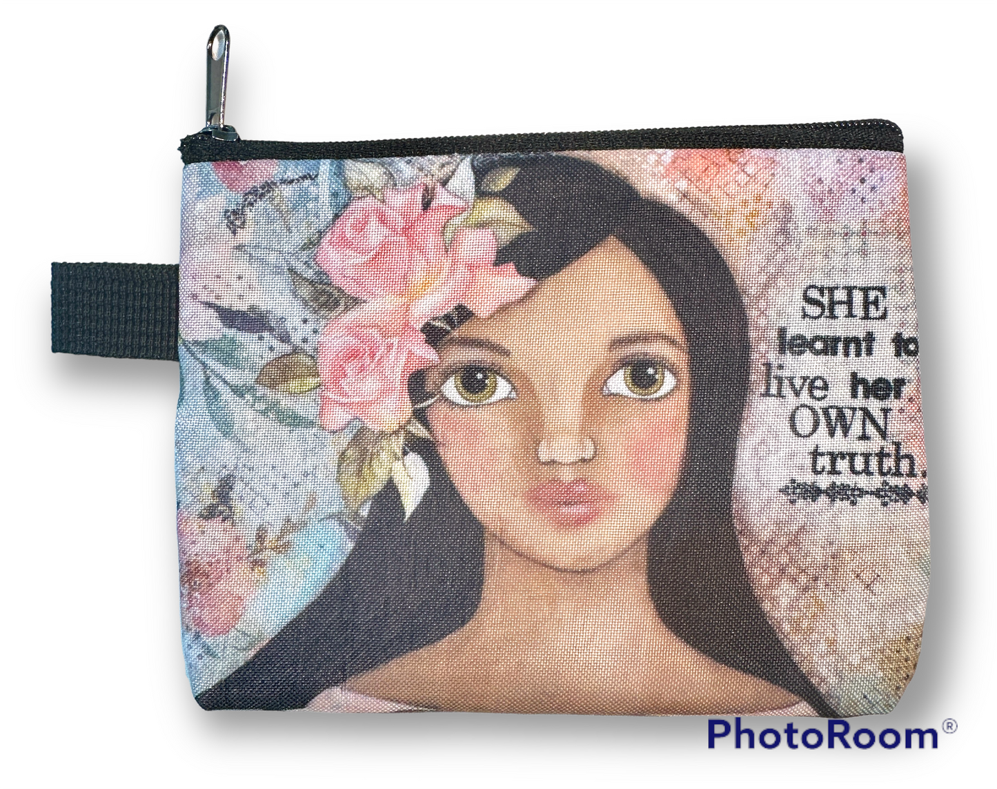 whimsy and me, multi colored, soft pink, vintage tones, island girl, mixed media, girl, brunette, framed, recycled frame, hazel eyes, whimsical girl, flowers, vintage wallpaper, learning her truth, original artwork, coin purse, zipper closure