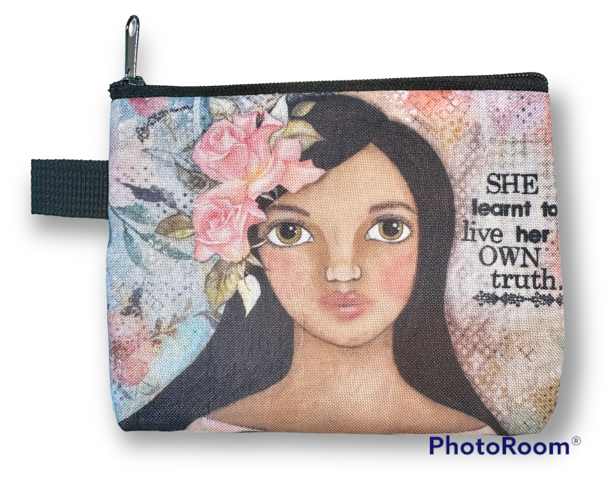 whimsy and me, multi colored, soft pink, vintage tones, island girl, mixed media, girl, brunette, framed, recycled frame, hazel eyes, whimsical girl, flowers, vintage wallpaper, learning her truth, original artwork, coin purse, zipper closure