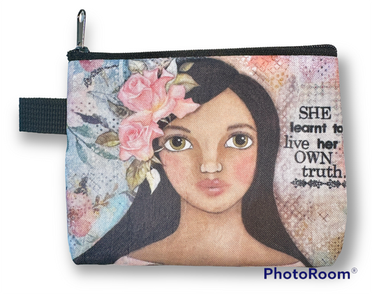 whimsy and me, multi colored, soft pink, vintage tones, island girl, mixed media, girl, brunette, framed, recycled frame, hazel eyes, whimsical girl, flowers, vintage wallpaper, learning her truth, original artwork, coin purse, zipper closure