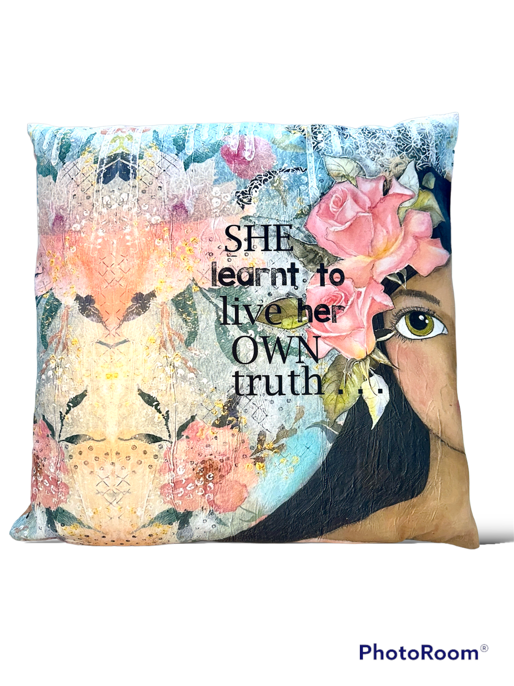 whimsy and me, multi colored, soft pink, vintage tones, island girl, mixed media, girl, brunette, framed, recycled frame, hazel eyes, whimsical girl, flowers, vintage wallpaper, learning her truth, original artwork, cushion cover, soft, zipper closure
