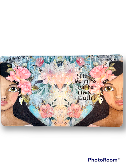 whimsy and me, multi colored, soft pink, vintage tones, island girl, mixed media, girl, brunette, framed, recycled frame, hazel eyes, whimsical girl, flowers, vintage wallpaper, learning her truth, original artwork, gaming mat
