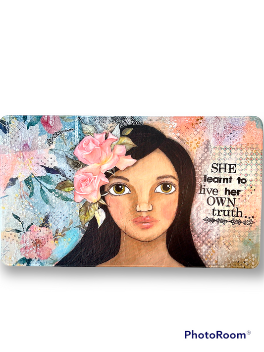 whimsy and me, multi colored, soft pink, vintage tones, island girl, mixed media, girl, brunette, framed, recycled frame, hazel eyes, whimsical girl, flowers, vintage wallpaper, learning her truth, original artwork, gaming mat
