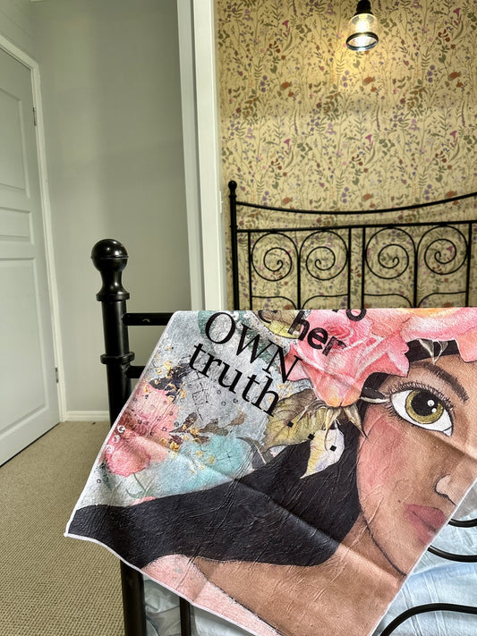 whimsy and me, multi colored, soft pink, vintage tones, island girl, mixed media, girl, brunette, framed, recycled frame, hazel eyes, whimsical girl, flowers, vintage wallpaper, learning her truth, original artwork, gym towel, soft
