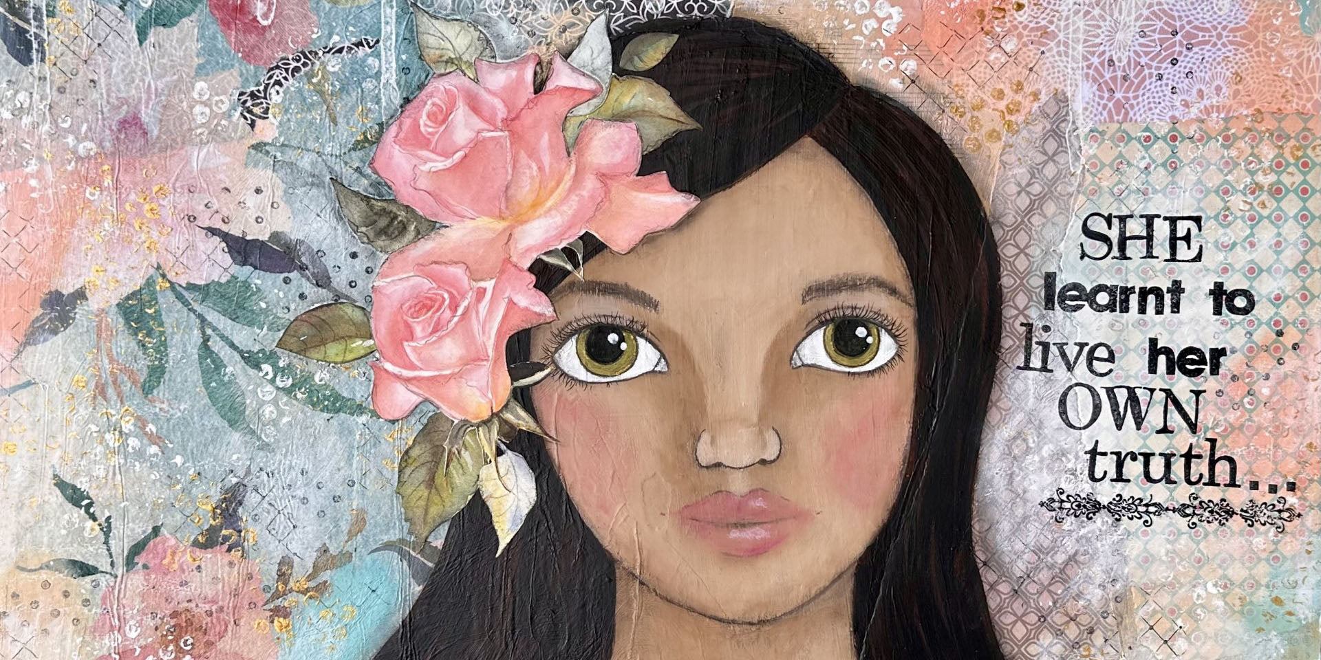 whimsy and me, multi colored, soft pink, vintage tones, island girl, mixed media, girl, brunette, framed, recycled frame, hazel eyes, whimsical girl, flowers, vintage wallpaper, learning her truth, original artwork, hand towel, soft