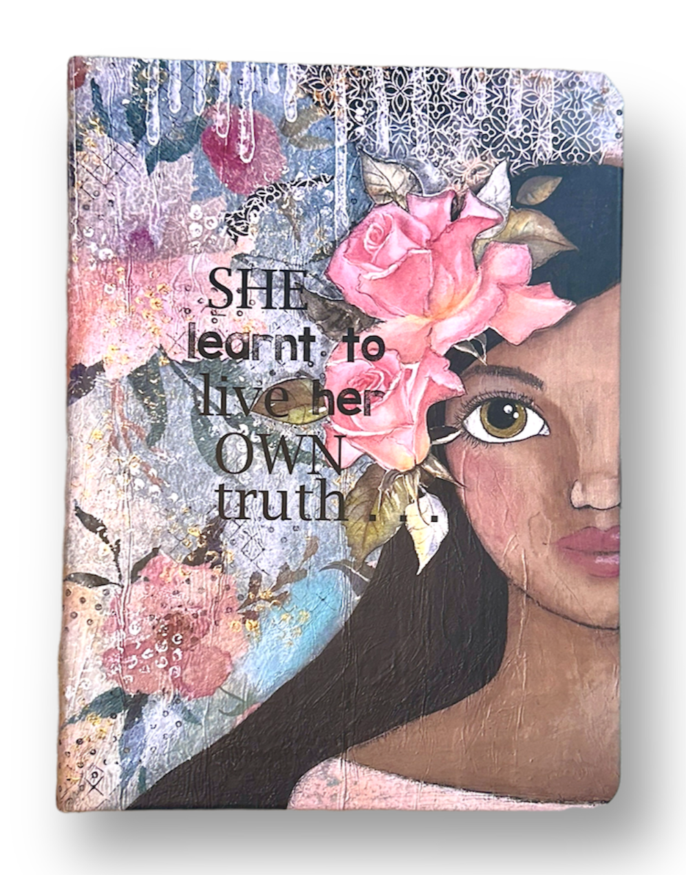 whimsy and me, multi colored, soft pink, vintage tones, island girl, mixed media, girl, brunette, framed, recycled frame, hazel eyes, whimsical girl, flowers, vintage wallpaper, learning her truth, original artwork, note book, journal, hard cover, art, lined pages