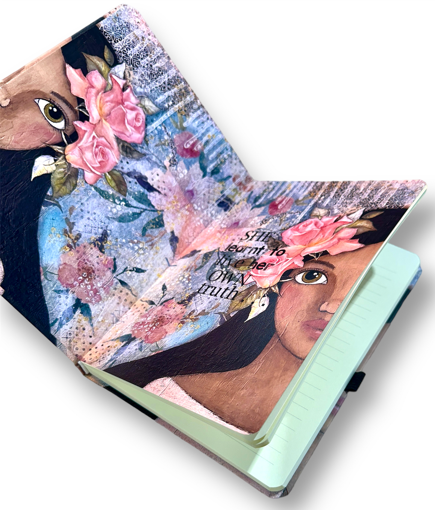whimsy and me, multi colored, soft pink, vintage tones, island girl, mixed media, girl, brunette, framed, recycled frame, hazel eyes, whimsical girl, flowers, vintage wallpaper, learning her truth, original artwork, note book, journal, hard cover, art, lined pages