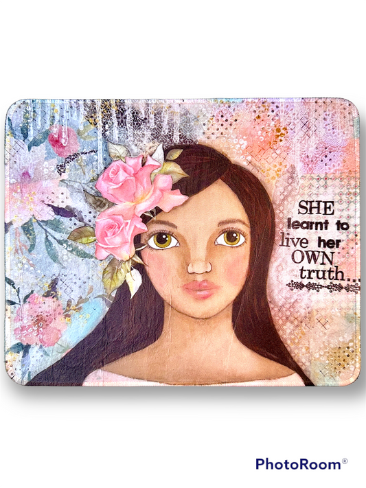 whimsy and me, multi colored, soft pink, vintage tones, island girl, mixed media, girl, brunette, framed, recycled frame, hazel eyes, whimsical girl, flowers, vintage wallpaper, learning her truth, original artwork, mouse pad, soft