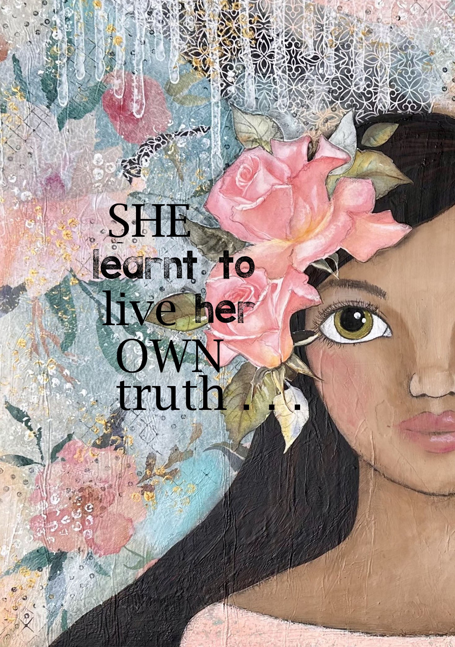 whimsy and me, multi colored, soft pink, vintage tones, island girl, mixed media, girl, brunette, framed, recycled frame, hazel eyes, whimsical girl, flowers, vintage wallpaper, learning her truth, original artwork, art print