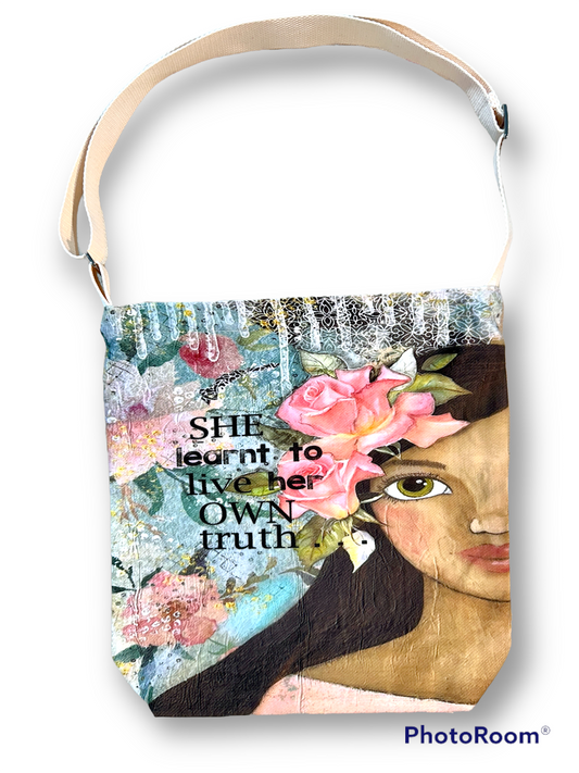 whimsy and me, multi colored, soft pink, vintage tones, island girl, mixed media, girl, brunette, framed, recycled frame, hazel eyes, whimsical girl, flowers, vintage wallpaper, learning her truth, original artwork, satchel bag, zipper closure, phone pocket