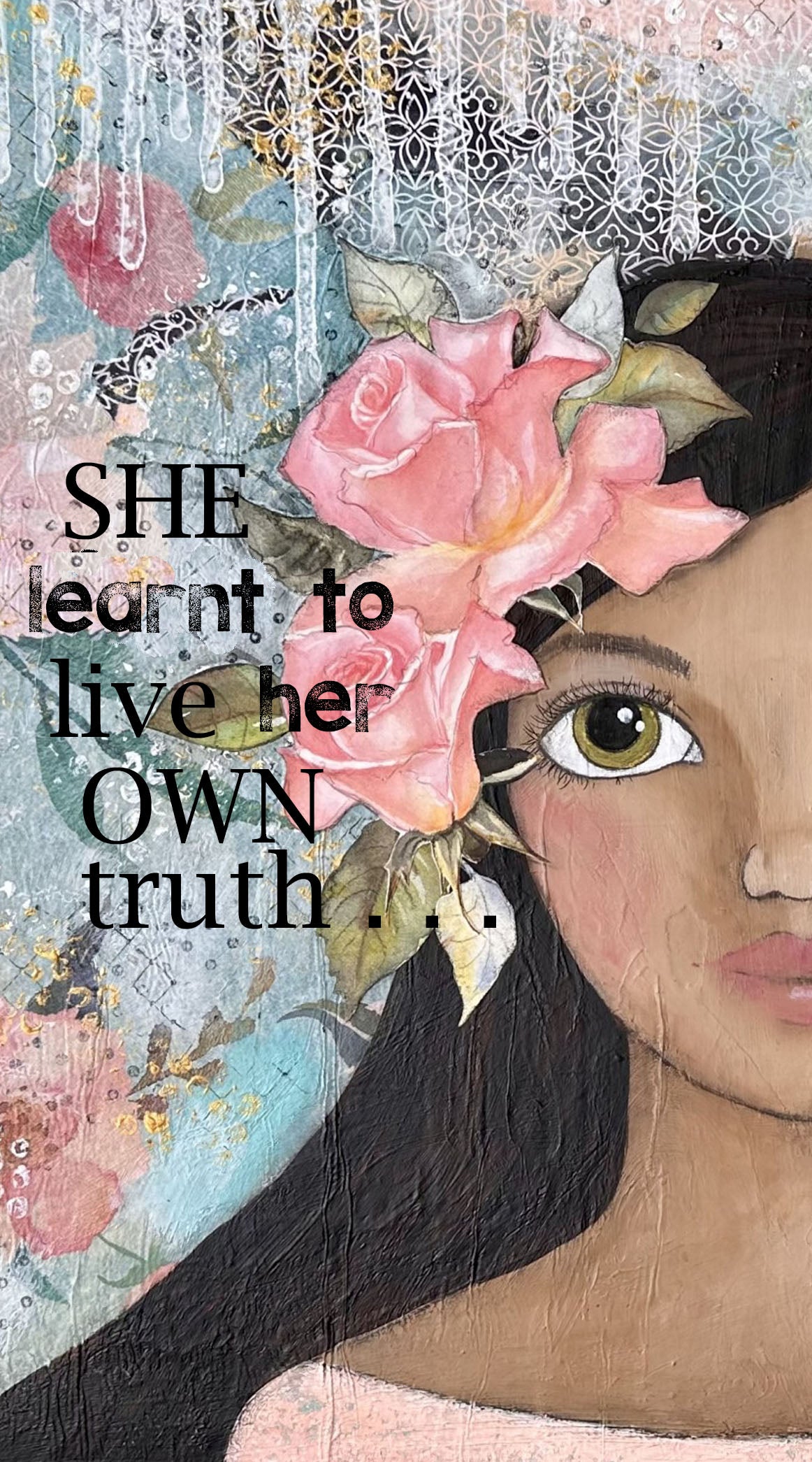 whimsy and me, multi colored, soft pink, vintage tones, island girl, mixed media, girl, brunette, framed, recycled frame, hazel eyes, whimsical girl, flowers, vintage wallpaper, learning her truth, original artwork, gym towel, soft
