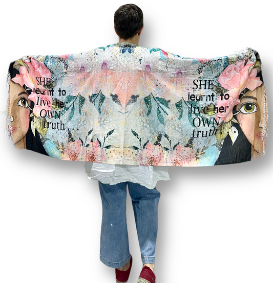 whimsy and me, multi colored, soft pink, vintage tones, island girl, mixed media, girl, brunette, framed, recycled frame, hazel eyes, whimsical girl, flowers, vintage wallpaper, learning her truth, original artwork, shawl, soft, snuggly