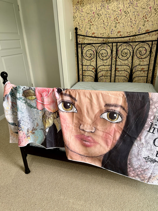 whimsy and me, multi colored, soft pink, vintage tones, island girl, mixed media, girl, brunette, framed, recycled frame, hazel eyes, whimsical girl, flowers, vintage wallpaper, learning her truth, original artwork, beach towel, soft
